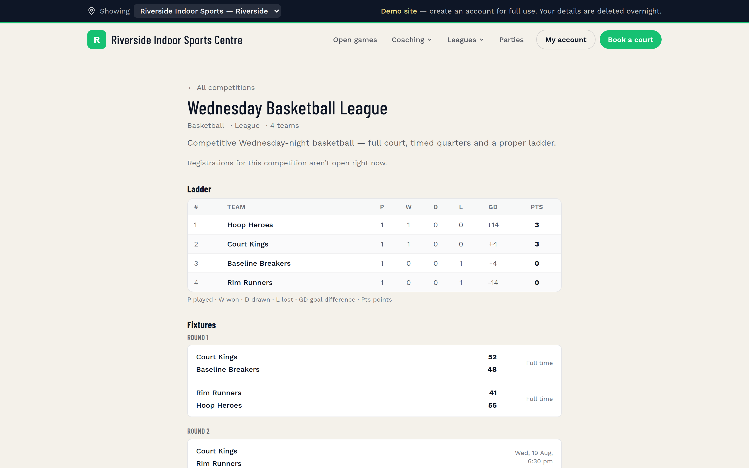 Public Sweepa leagues page listing competition divisions and enrolled teams