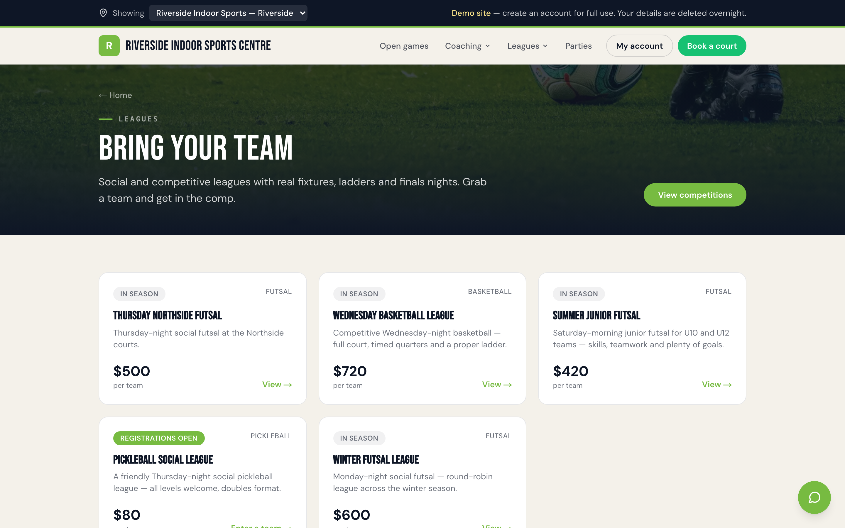 Public team registration page showing division selection and sign-up form