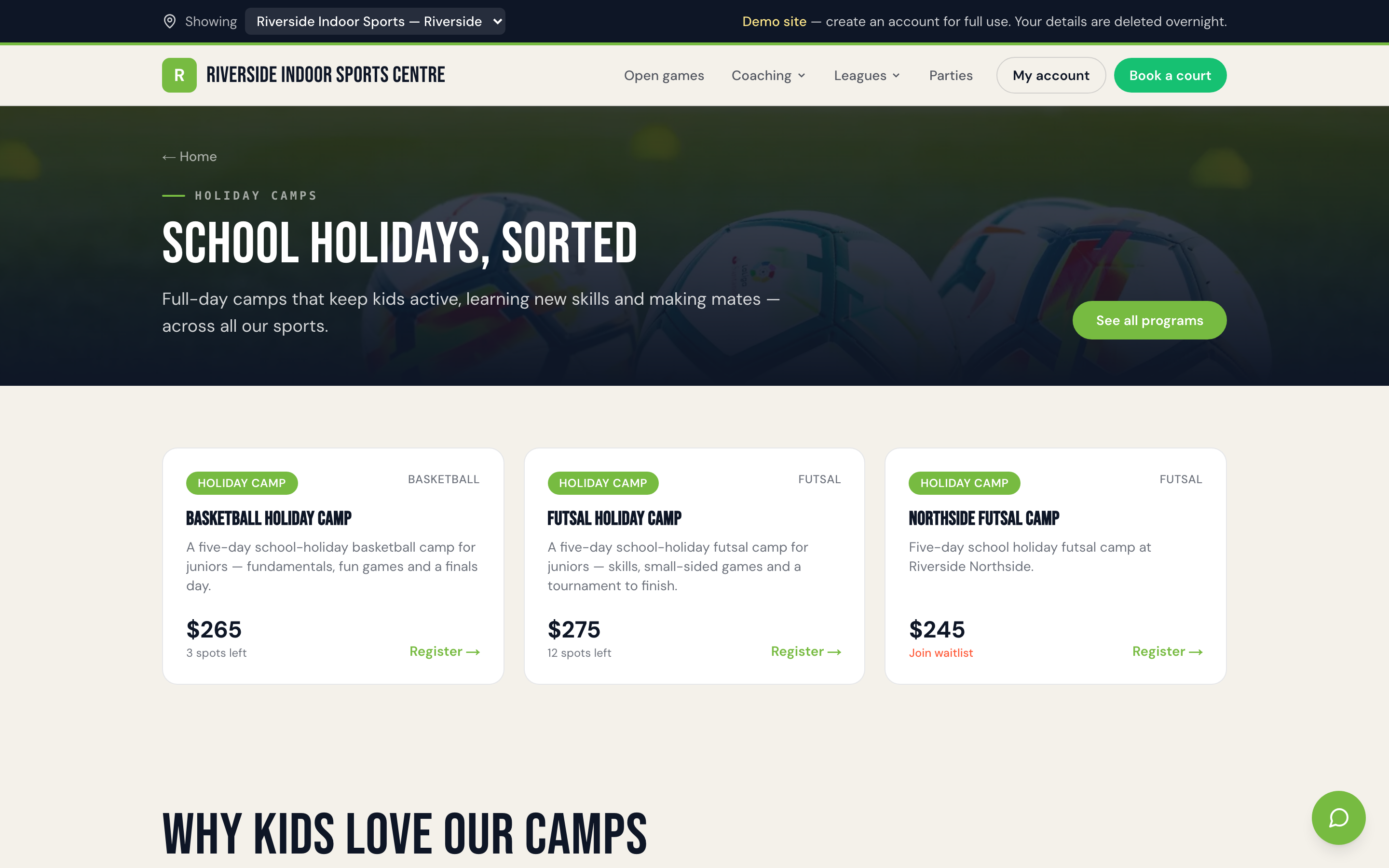 Holiday camp listing showing age group, week dates and pricing on a club site