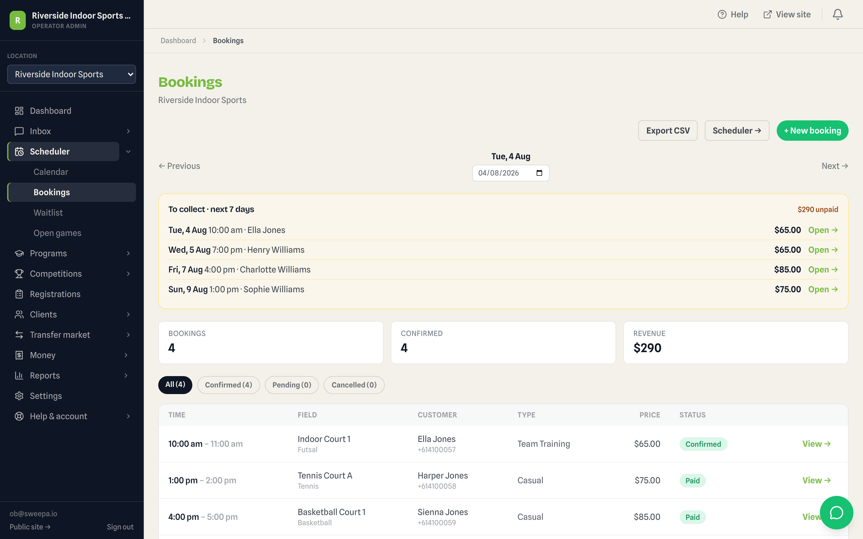 Operator admin dashboard showing bookings and payment status across courts