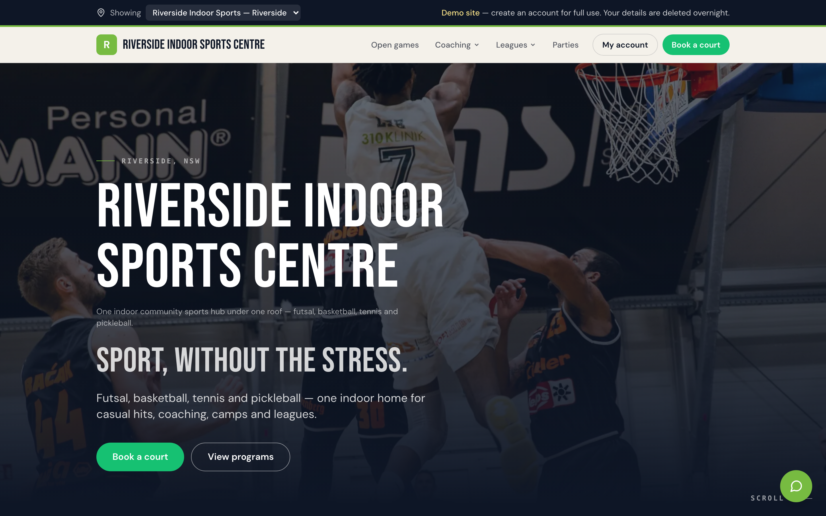 Riverside Indoor Sports Centre branded homepage with navigation and booking call to action