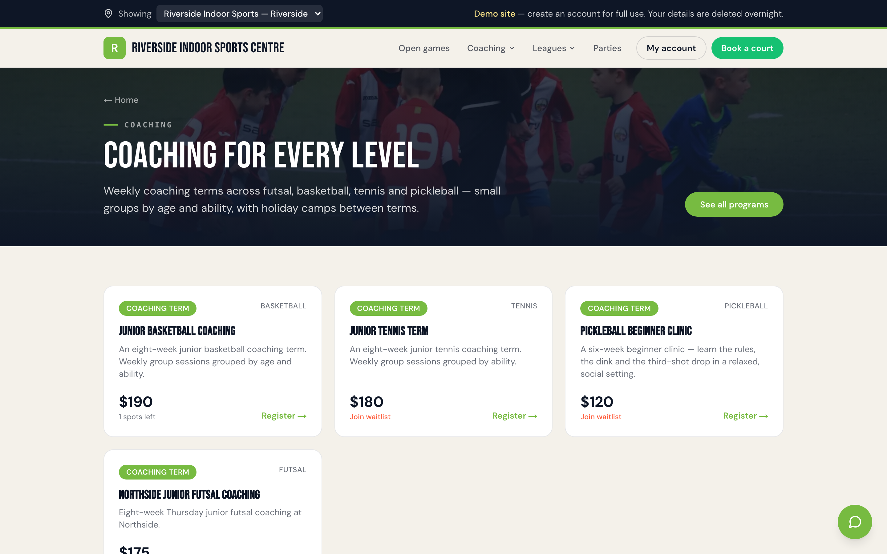 Public coaching program registration page showing term details and price